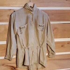 Robin Sinkles Vintage100% Silk Embroidered Cinched Button Down Sz S Blouse Tunic